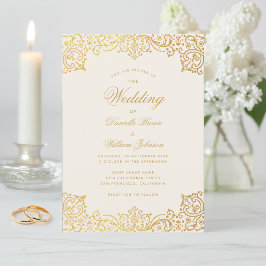 Invitación Vintage Wedding Gold Script Elegante marfil antigu