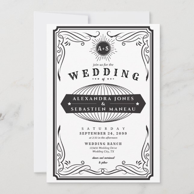 Invitación Vintage Western Country QR Code B&W Rústico Boda (Anverso)