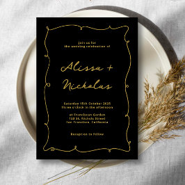 Invitación Vintage Whimsical Border Black and Gold Boda