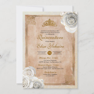 Invitación Vintage White & Gold Rosas Royal Quinceanera