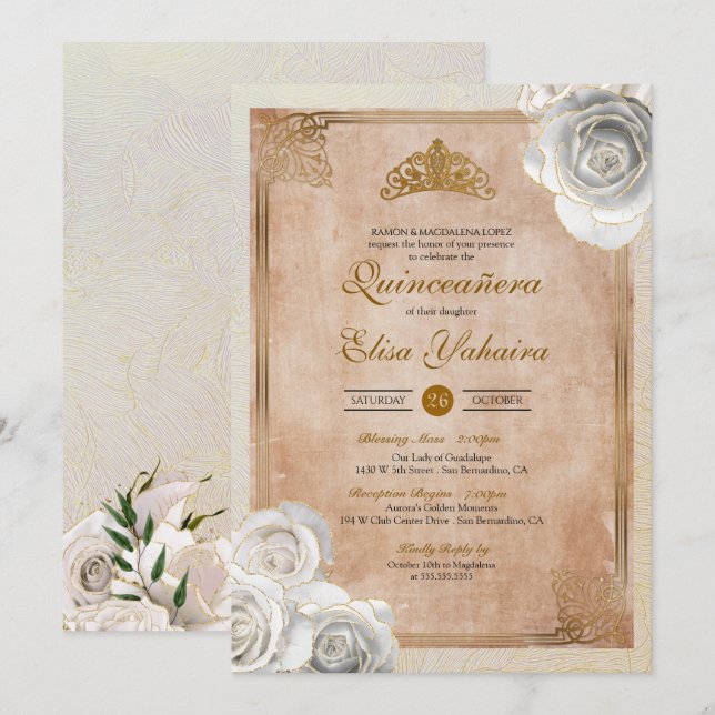 Invitación Vintage White & Gold Rosas Royal Quinceanera (Anverso / Reverso)