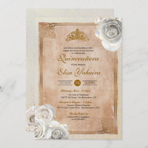 Invitación Vintage White & Gold Rosas Royal Quinceanera