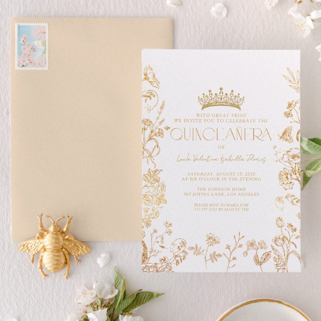 Invitación Vintage White Gold Tiara Floral Quinceañera (Subido por el creador)