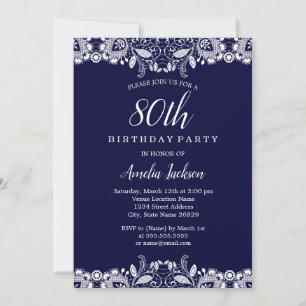 Invitación Vintage White Lace Navy 80th Birthday Party