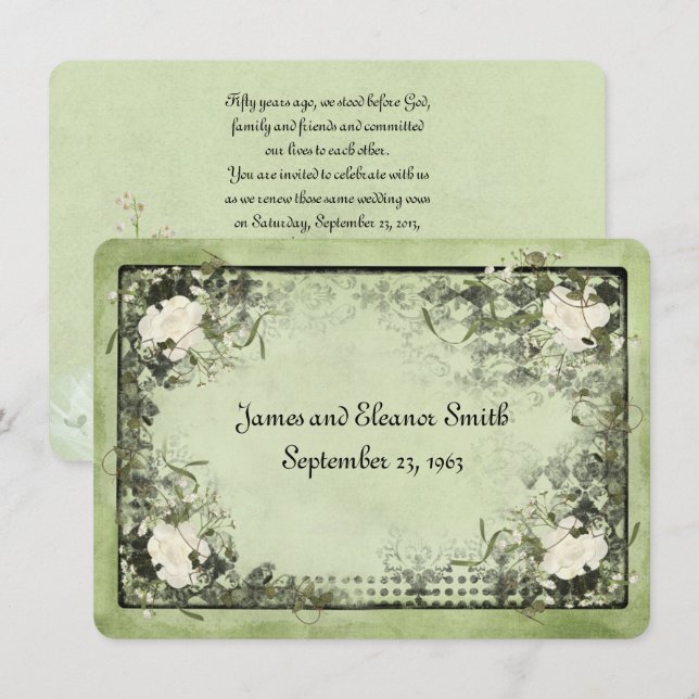 Invitación Vintage White Roses Vow Renovación (Anverso / Reverso)