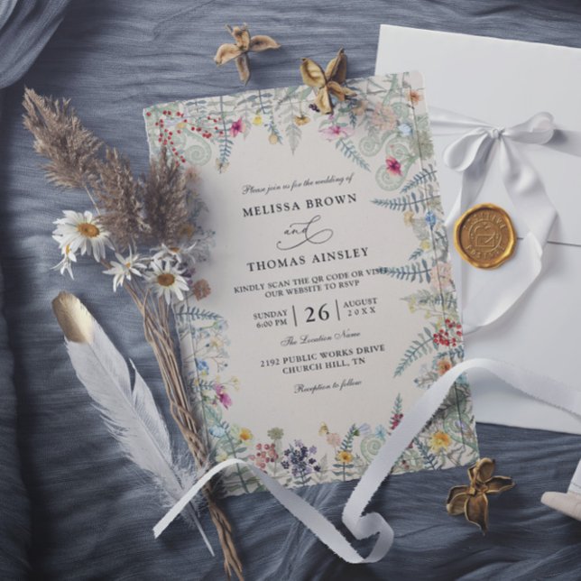 Invitación Vintage Wildflowers Fern Budget QR Code Wedding (Subido por el creador)