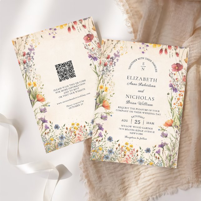 Invitación Vintage Wildflowers  QR Code Wedding Invitation (Subido por el creador)