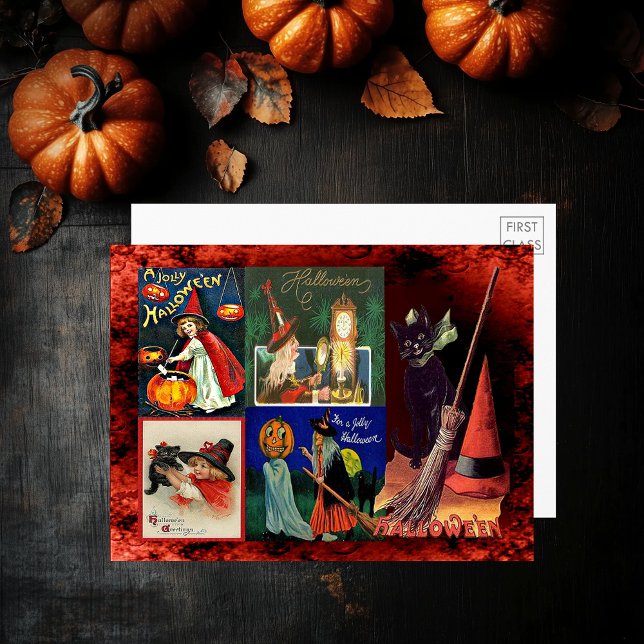 Invitación Vintage Wits Black Cats Collage Postcard grande (Vintage Witches Black Cats Collage Large Postcard)