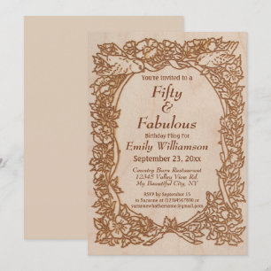 Invitación Vintage Wood Bird Floral Rustic 50th Birthday