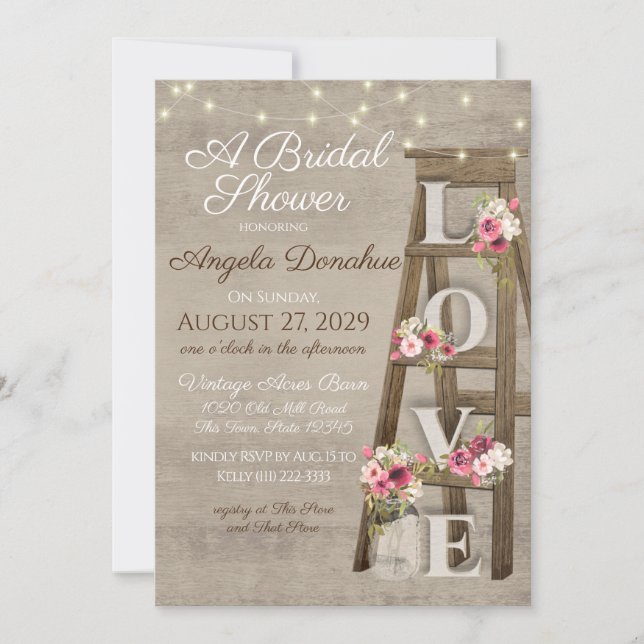 Invitación Vintage Wood Floral Ladder Bridal Shower (Anverso)
