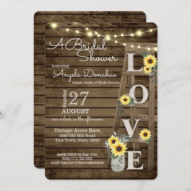 Invitación Vintage Wood Ladder and Sunflowers Bridal Shower (Anverso / Reverso)