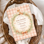 Invitación Vintage Woodland Fox Baby Shower<br><div class="desc">A charming woodland-inspired baby shower design featuring a sweet watercolor fox resting above a delicate floral wreath. Soft greenery, tiny mushrooms, and wildflowers create a cozy forest frame, finished with a warm bow and a soft peach gingham background. The vintage storybook illustration style and gentle earthy palette give the design...</div>