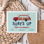 Invitación Vintage Woody Car Birthday Party Invitation<br><div class="desc">Cute summer birthday party invitations for your little surfer's beachside bash feature a vintage woody car in cherry red,  with a surfboard on top. "Surf's up" appears in retro lettering,  with your birthday party details beneath.</div>