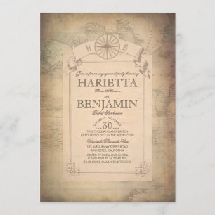 Invitación Vintage World Travel Map Engagement Party