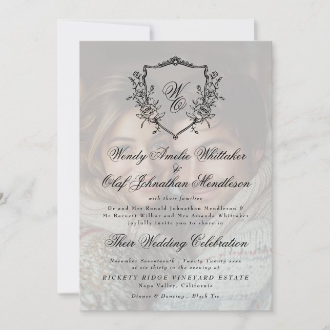 Invitación Vintage Wreath Crest Black White Photo Wedding (Anverso)