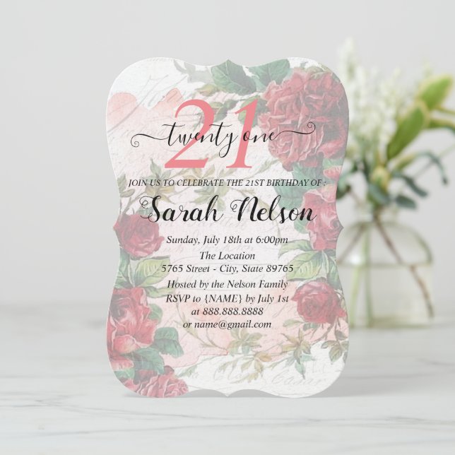 Invitación Vinttage Roses Rojas 21 Cumpleaños (Anverso de pie)