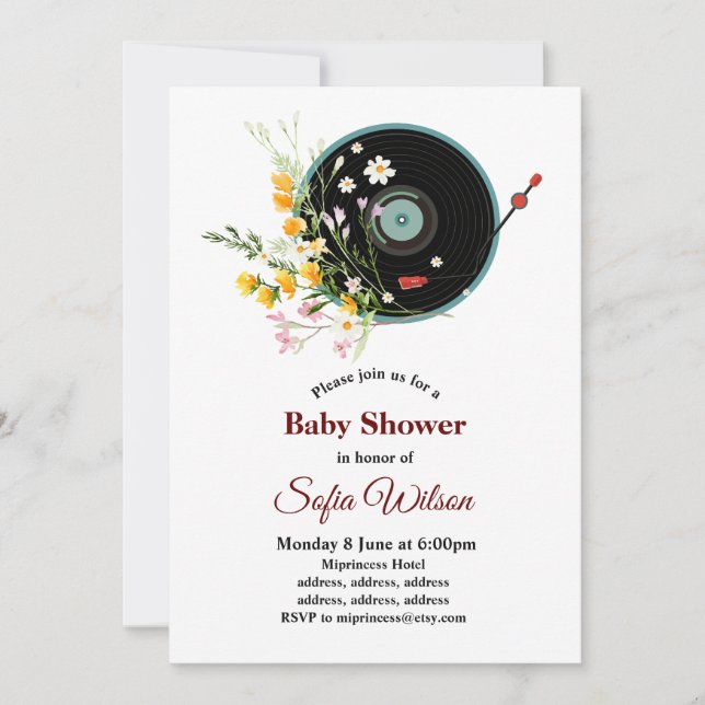 Invitación Vinyl Record, floral, ruso de los viejos, música f (Anverso)