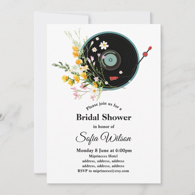 Invitación Vinyl Record, floral, ruso de los viejos, música f (Anverso)
