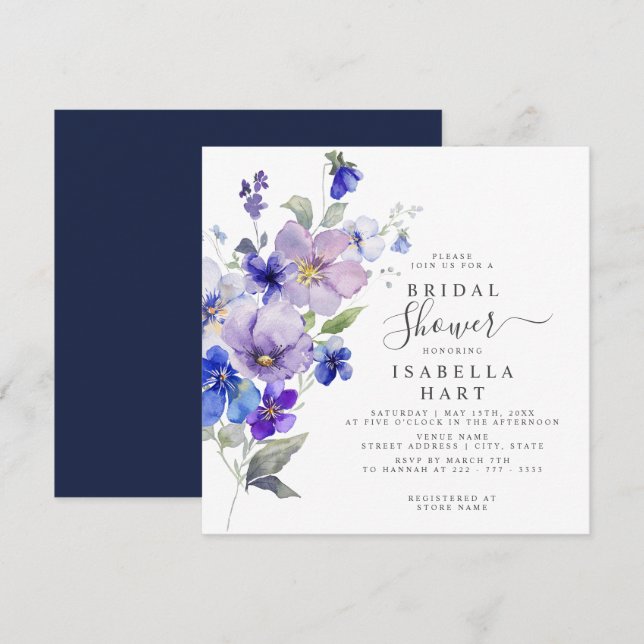 Invitación Viola Floral Purple Blue Naval Flor Bridal Shower (Anverso / Reverso)
