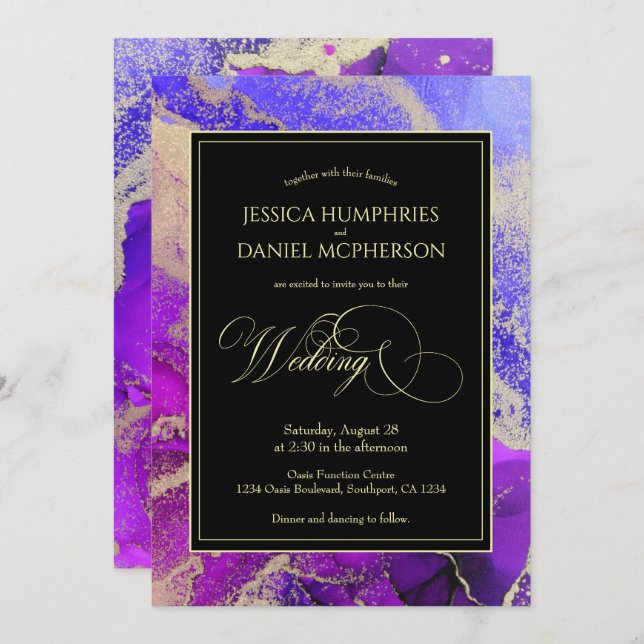 Invitación Violet Amethyst Purple Gold Moody Boda (Anverso / Reverso)