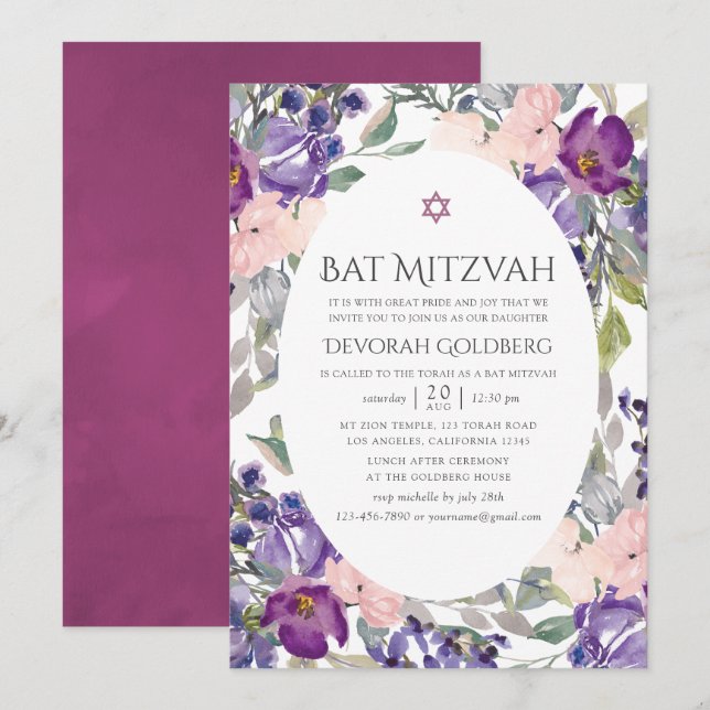 Invitación Violet and Plum Floral Bat Mitzvah (Anverso / Reverso)