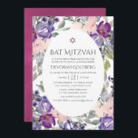 Invitación Violet and Plum Floral Bat Mitzvah<br><div class="desc">Elegante invitación de mitzvah de murciélago floral violeta y ciruela con tonos de verde salado y rosa rubor diseñada para ser rápida y fácilmente adaptada a los detalles de tu evento.</div>