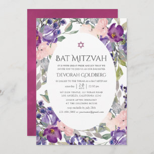 Invitación Violet and Plum Floral Bat Mitzvah