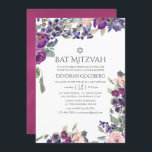 Invitación Violet and Plum Floral Bat Mitzvah<br><div class="desc">Elegante invitación de mitzvah de murciélago floral violeta y ciruela con tonos de verde salado y rosa rubor diseñada para ser rápida y fácilmente adaptada a los detalles de tu evento.</div>