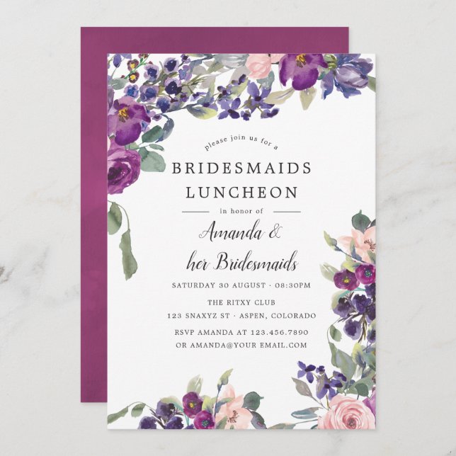Invitación Violet and Plum Floral Bridesmaids Luncheon (Anverso / Reverso)
