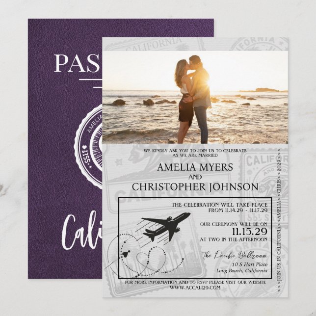 Invitación Violet California Passport Boda (Anverso / Reverso)