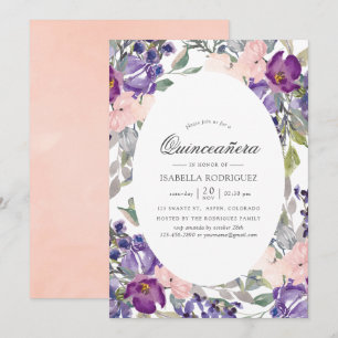 Invitación Violet, Ciruela y Floral Beige Quinceañera