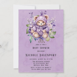 Invitación Violet Cute Teddy Bear Chica Floral Baby Shower