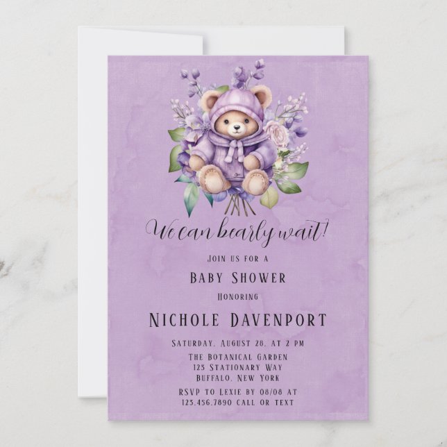 Invitación Violet Cute Teddy Bear Floral Podemos Esperar (Anverso)