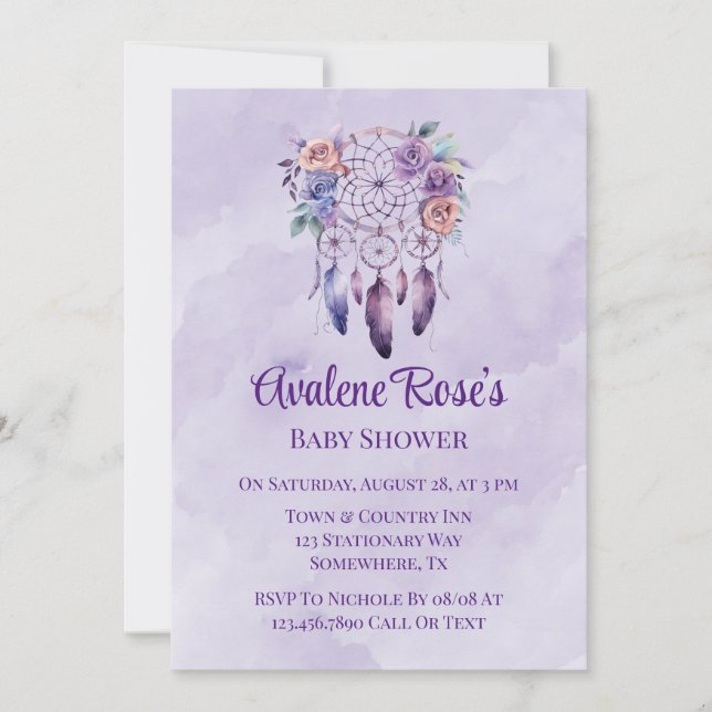 Invitación Violet Dreamcatcher y Flowers Chica Baby Shower (Anverso)