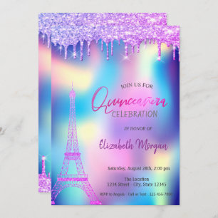 Invitación Violet Drots Torre Eiffel Holografía Quinceanera