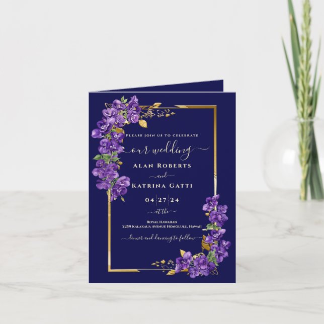 Invitación Violet Floral Gold Frame Elegant Folded Invitation (Anverso)