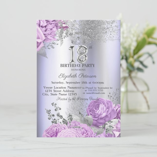 Invitación Violet Flowers Glitter Lilac 18th Birthday   (Anverso de pie)