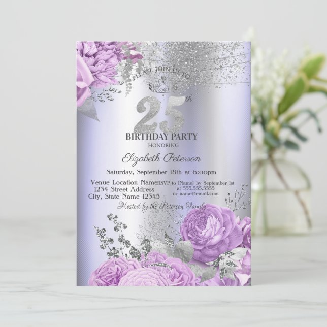 Invitación Violet Flowers Glitter Lilac 25th Birthday   (Anverso de pie)