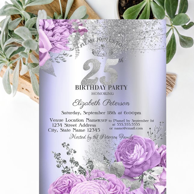 Invitación Violet Flowers Glitter Lilac 25th Birthday   (Subido por el creador)