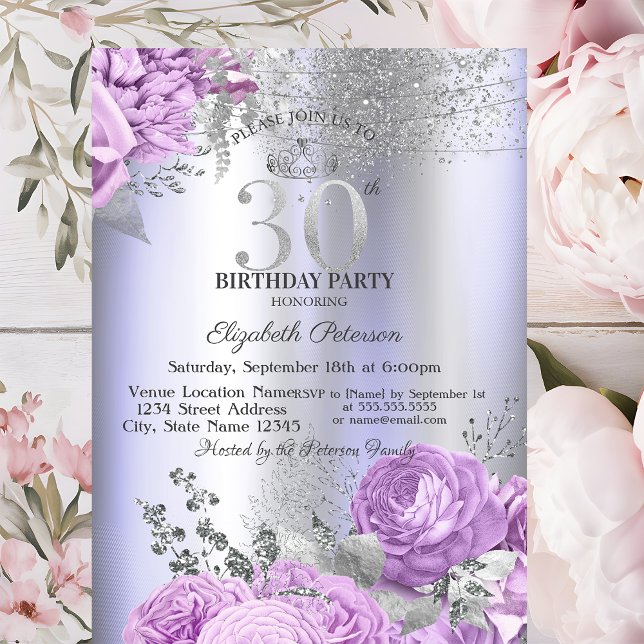 Invitación Violet Flowers Glitter Lilac 30th Birthday   (Subido por el creador)