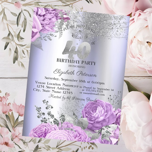 Invitación Violet Flowers Glitter Lilac 40th Birthday   (Subido por el creador)