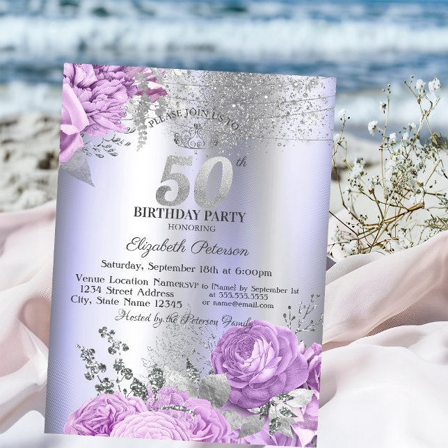 Invitación Violet Flowers Glitter Lilac 50th Birthday   (Subido por el creador)