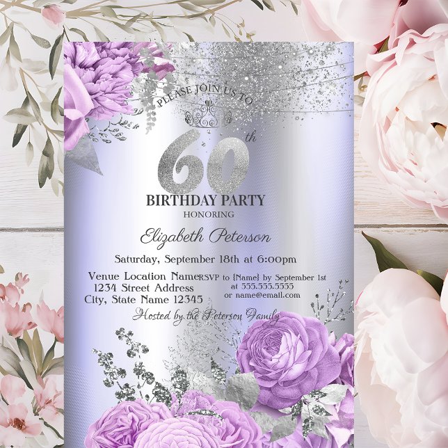 Invitación Violet Flowers Glitter Lilac 60th Birthday   (Subido por el creador)