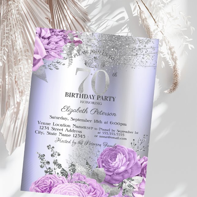Invitación Violet Flowers Glitter Lilac 70th Birthday   (Subido por el creador)