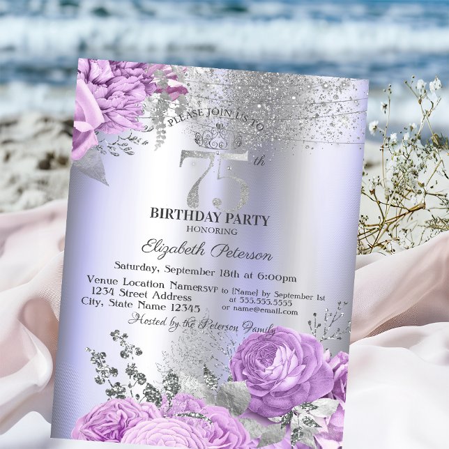 Invitación Violet Flowers Glitter Lilac 75th Birthday   (Subido por el creador)
