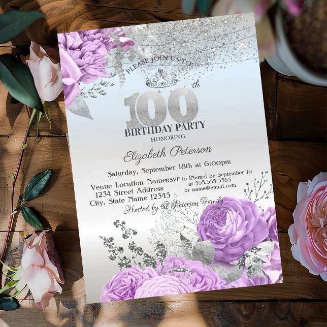 Invitación Violet Flowers Glitter Silver 100th Birthday   (Subido por el creador)