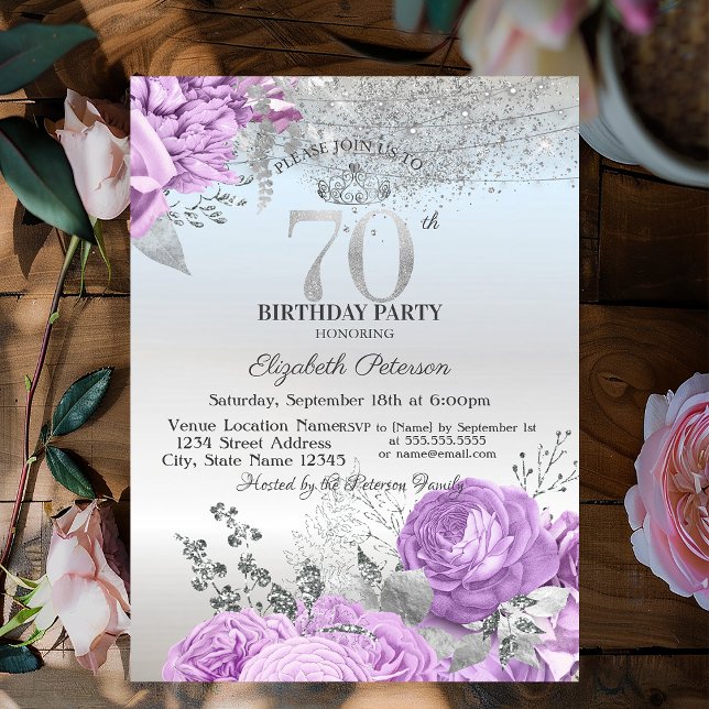 Invitación Violet Flowers Glitter Silver 70th Birthday   (Subido por el creador)