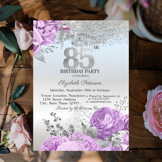 Invitación Violet Flowers Glitter Silver 85th Birthday   (Subido por el creador)