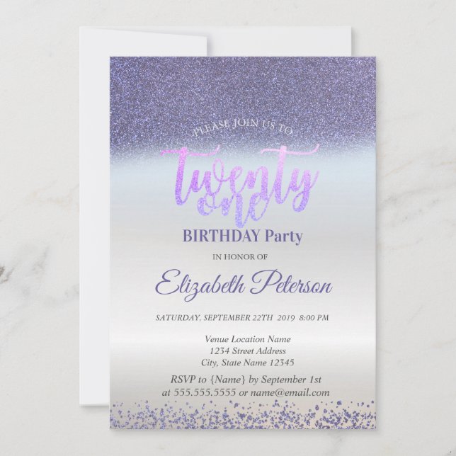 Invitación Violet Glitter Diamonds Cumpleaños 21 en Plata  (Anverso)