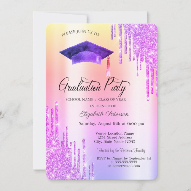 Invitación Violet Glitter Drips, Gorra de Graduación  (Anverso)